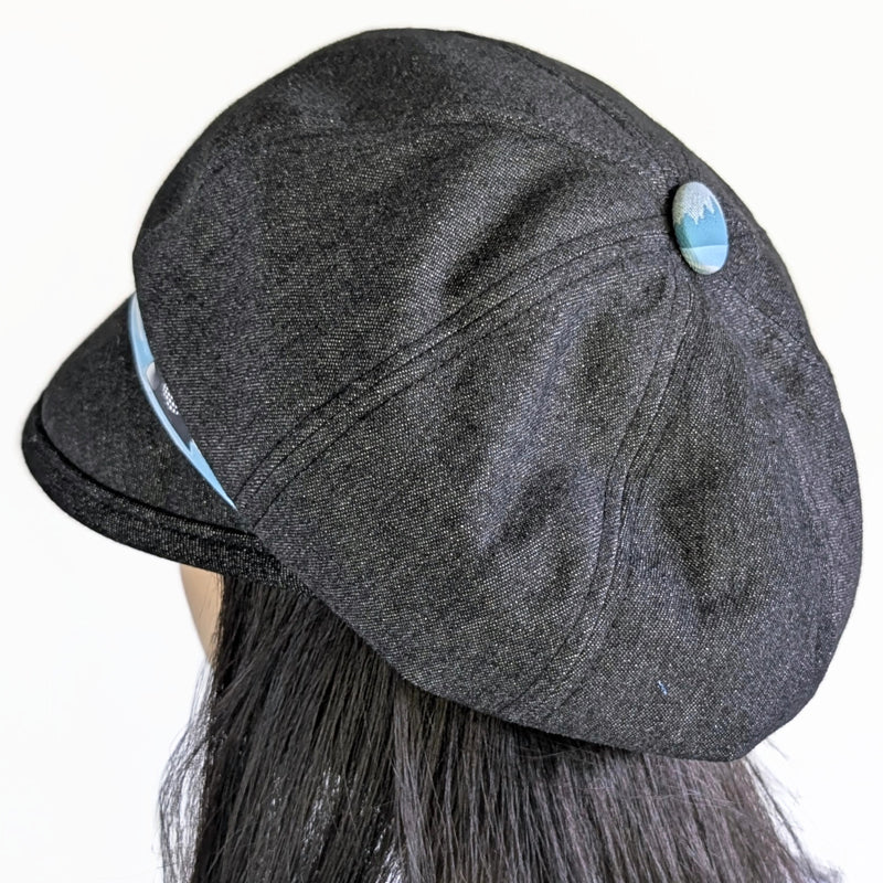 Poorboy Fashion Cap in black denim, Lake Ontario with loons theme, flattering visor, baggy fit