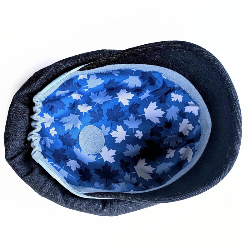 Poorboy Fashion Cap in black denim, Lake Ontario with loons theme, flattering visor, baggy fit