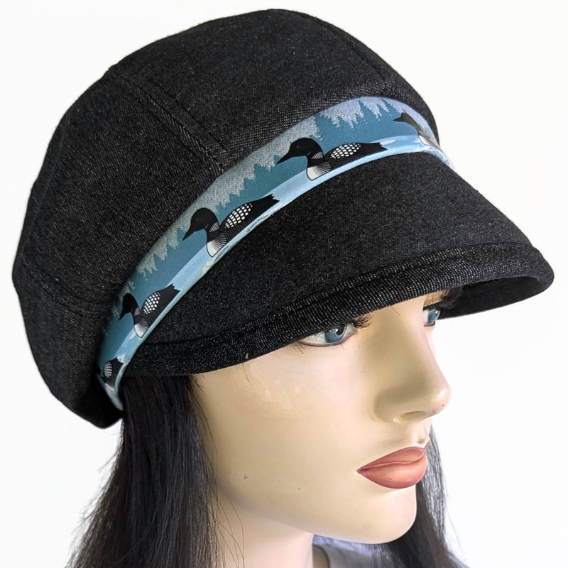 Poorboy Fashion Cap in black denim, Lake Ontario with loons theme, flattering visor, baggy fit