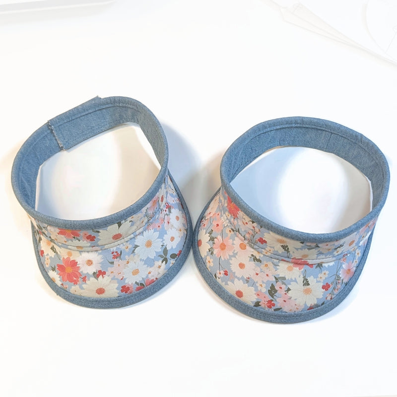 Sun Visor Headband, Velcro back or Fitted, reversible, bleached denim and blue floral