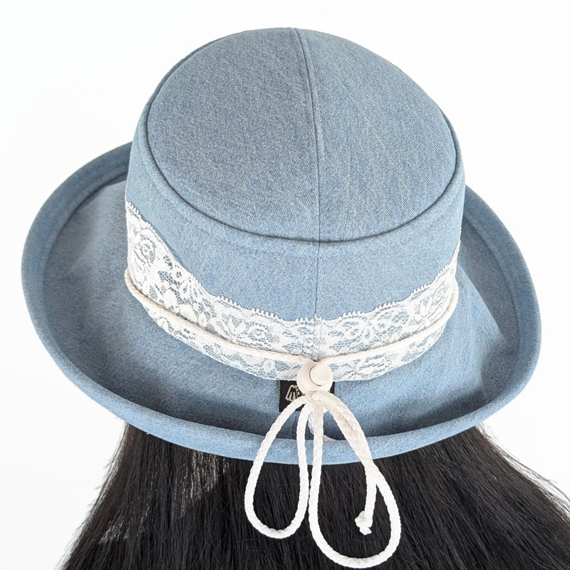 Sunblocker UV summer hat sun hat with wide brim, bleached denim with lace and pin trim, adjustable fit