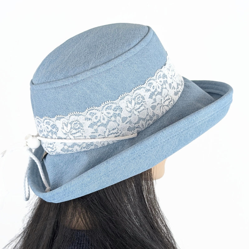 Sunblocker UV summer hat sun hat with wide brim, bleached denim with lace and pin trim, adjustable fit