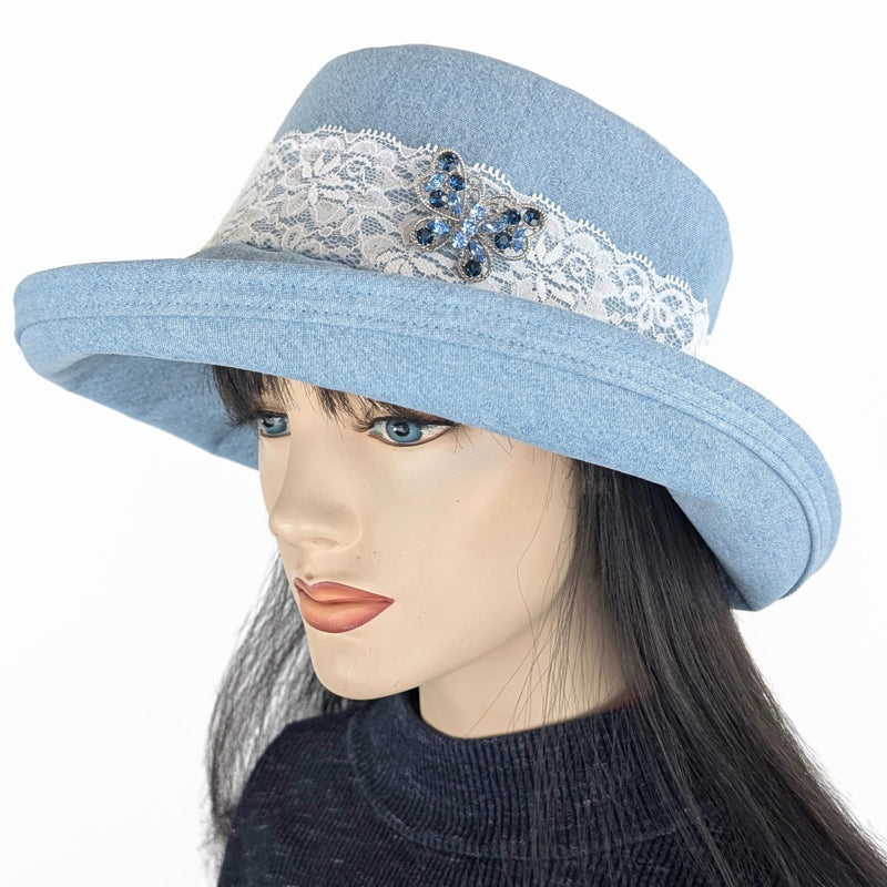 Sunblocker UV summer hat sun hat with wide brim, bleached denim with lace and pin trim, adjustable fit
