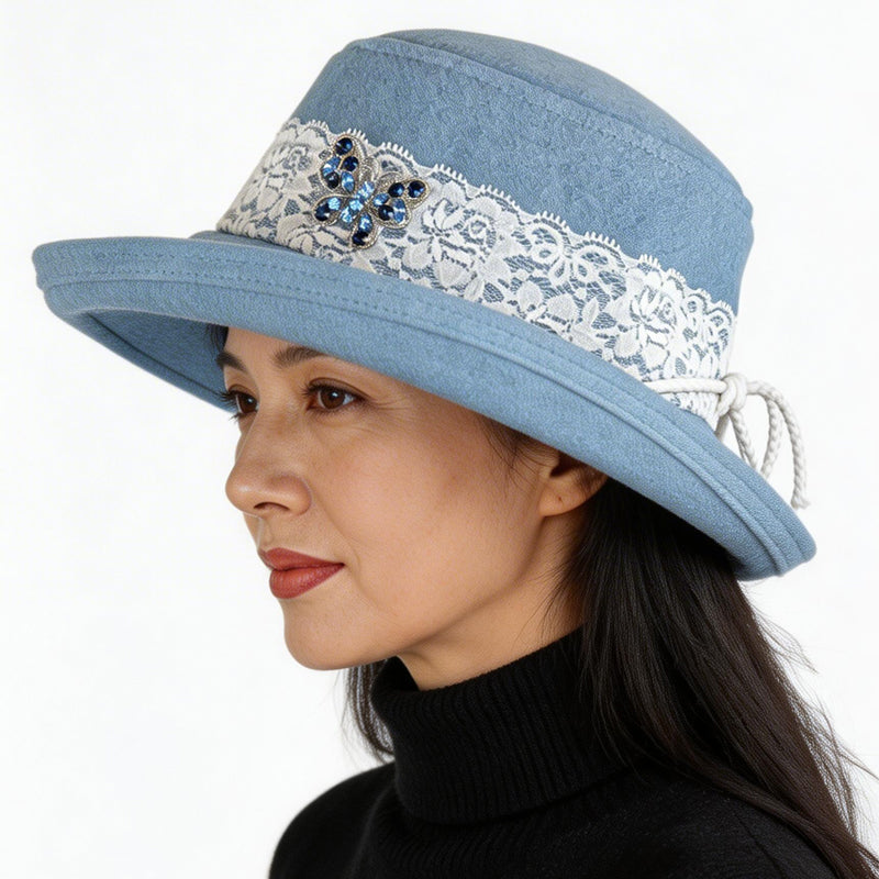 Sunblocker UV summer hat sun hat with wide brim, bleached denim with lace and pin trim, adjustable fit