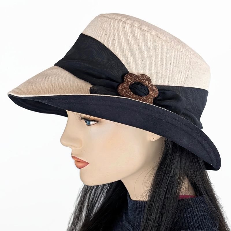 Sun Hat Perfect Bucket Hat, cotton linen with black scarf and buckle trim, with deep bucket brim