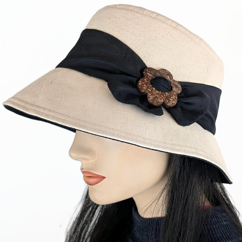 Sun Hat Perfect Bucket Hat, cotton linen with black scarf and buckle trim, with deep bucket brim