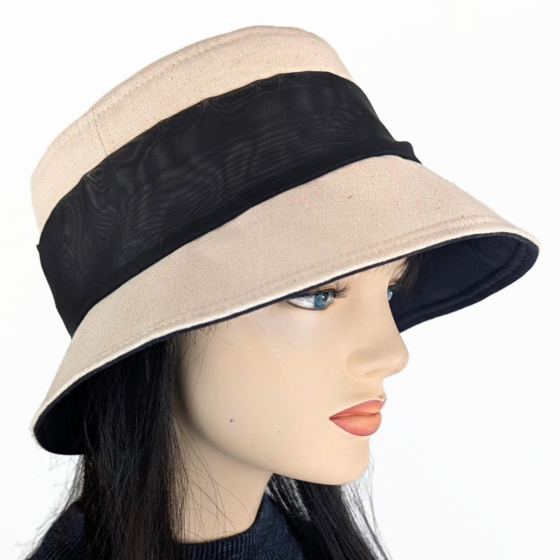 Sun Hat Perfect Bucket Hat, cotton linen with black scarf and buckle trim, with deep bucket brim