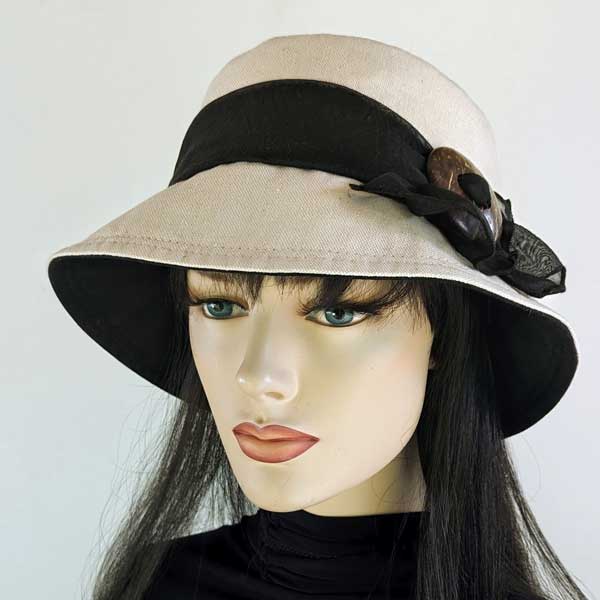 Bucket Hat, Sun Blocker, in cotton linen and black trims with scarf, belt loops and buckle