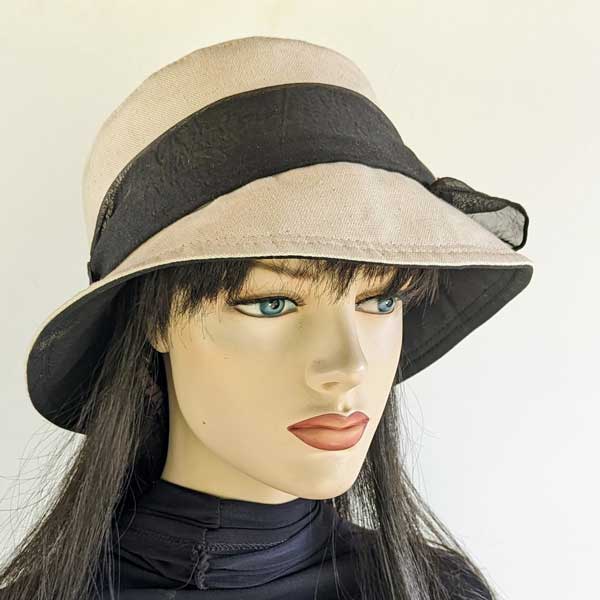 Bucket Hat, Sun Blocker, in cotton linen and black trims with scarf, belt loops and buckle