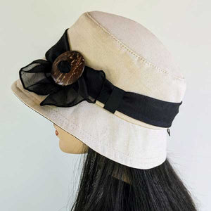 Bucket Hat, Sun Blocker, in cotton linen and black trims with