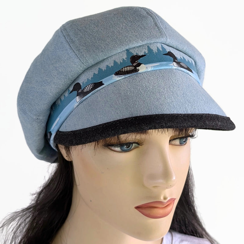 Poorboy Fashion Cap in bleached blue denim, loons on a lake theme, flattering visor, baggy fit
