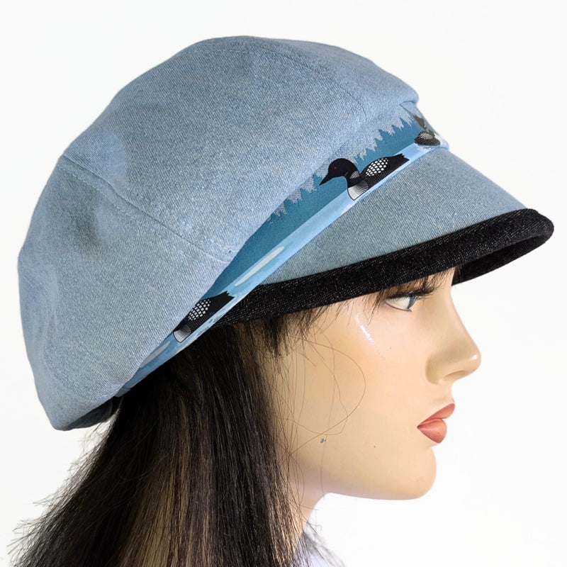 Poorboy Fashion Cap in bleached blue denim, loons on a lake theme, flattering visor, baggy fit