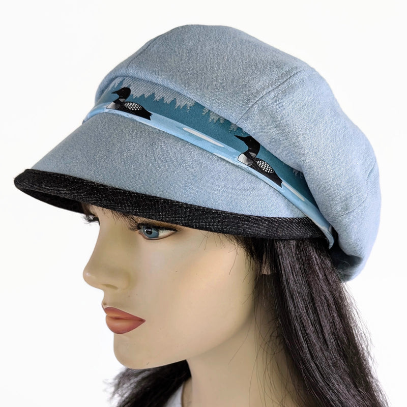 Poorboy Fashion Cap in bleached blue denim, loons on a lake theme, flattering visor, baggy fit