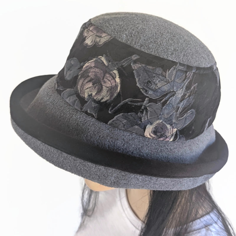 Premium Winter Fashion Hat, pretty velvet floral band with tuck up earflap cuff, wide brim
