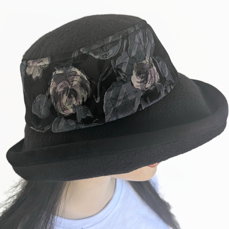 Premium Winter Fashion Hat, pretty velvet floral band with tuck up earflap cuff, wide brim