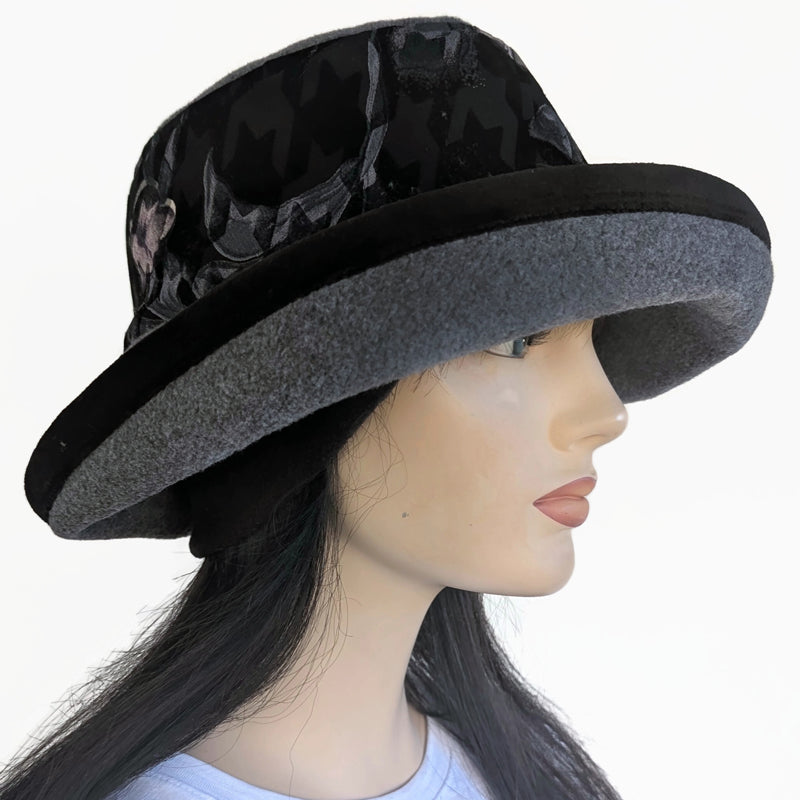 Premium Winter Fashion Hat, pretty velvet floral band with tuck up earflap cuff, wide brim