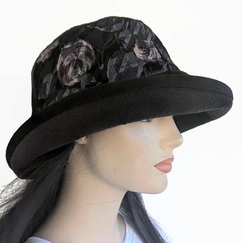 Premium Winter Fashion Hat, pretty velvet floral band with tuck up earflap cuff, wide brim