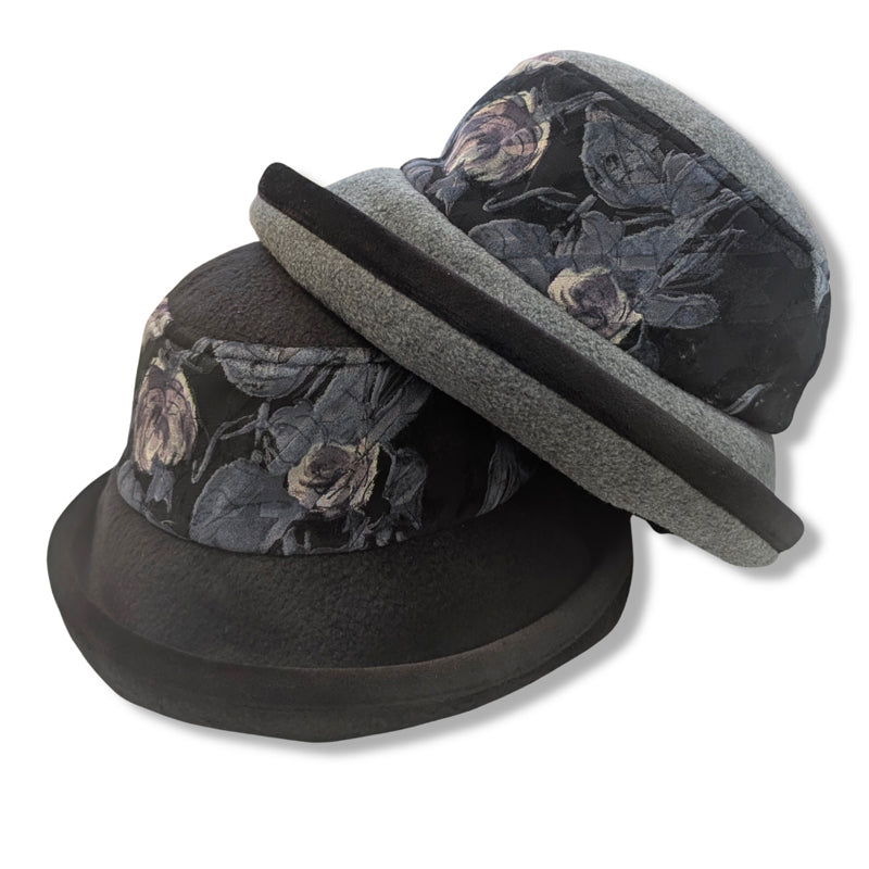 Premium Winter Fashion Hat, pretty velvet floral band with tuck up earflap cuff, wide brim
