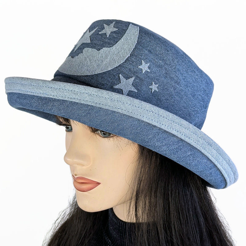 Denim Fashion hat with in royal washed denim with wide brim and adjustable fit, with moon and stars applique