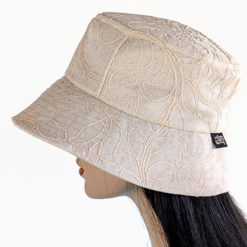 Sun Hat Perfect Bucket Hat, cotton linen with embroidery, deep bucket brim