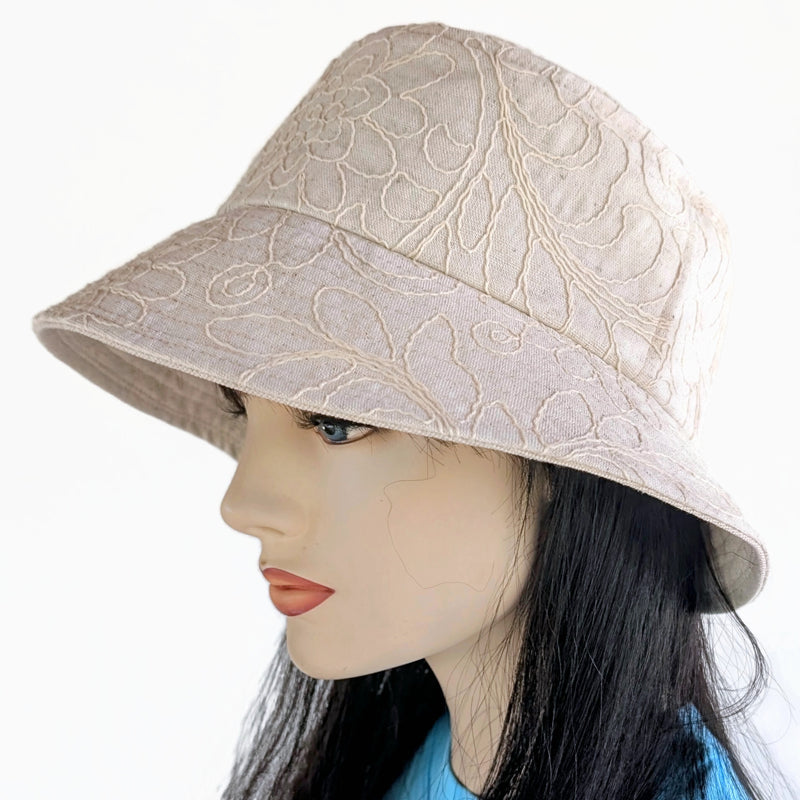 Sun Hat Perfect Bucket Hat, cotton linen with embroidery, deep bucket brim