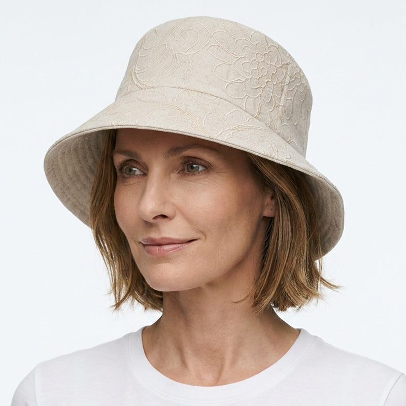 Sun Hat Perfect Bucket Hat, cotton linen with embroidery, deep bucket brim