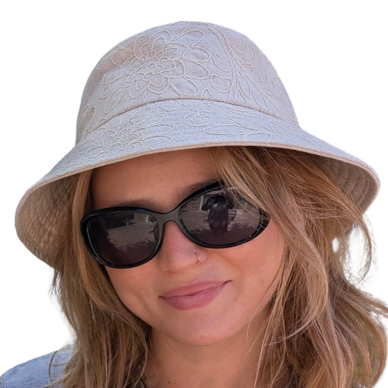 Sun Hat Perfect Bucket Hat, cotton linen with embroidery, deep bucket brim
