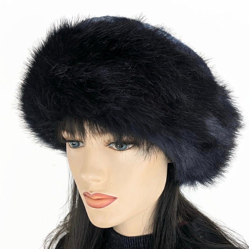 Faux Fur and Fleece Fashion Pillbox Beanie Toque Hat, dark navy fur and tuck up earflaps