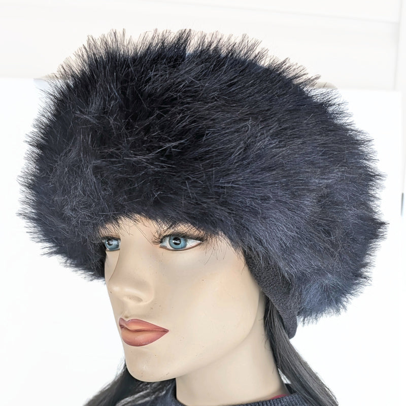 Faux Fur and Fleece Fashion Pillbox Beanie Toque Hat, dark navy fur and tuck up earflaps