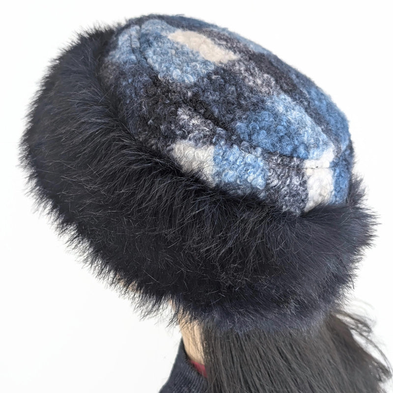 Faux Fur and Fleece Fashion Pillbox Beanie Toque Hat, dark navy fur and tuck up earflaps
