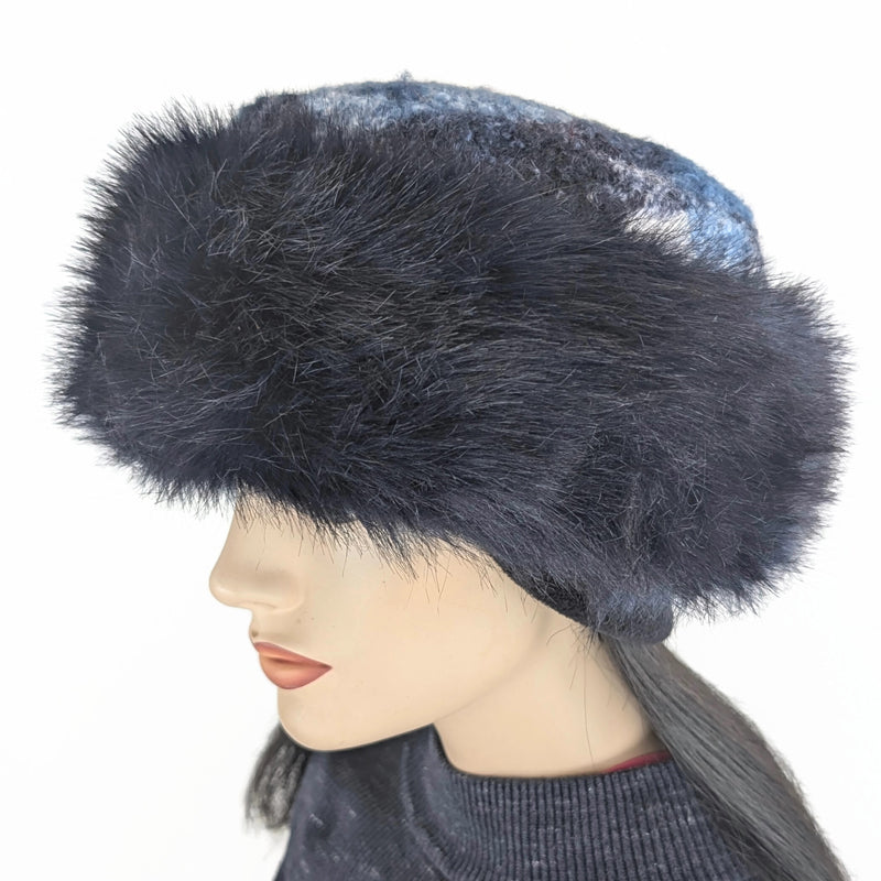 Faux Fur and Fleece Fashion Pillbox Beanie Toque Hat, dark navy fur and tuck up earflaps