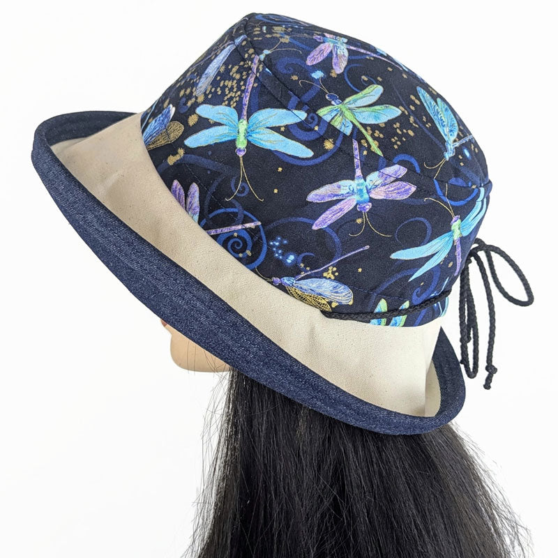 106-a Sunblocker UV summer sun hat with large wide brim featuring dragonfly print in navy