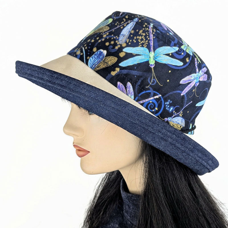 106-a Sunblocker UV summer sun hat with large wide brim featuring dragonfly print in navy