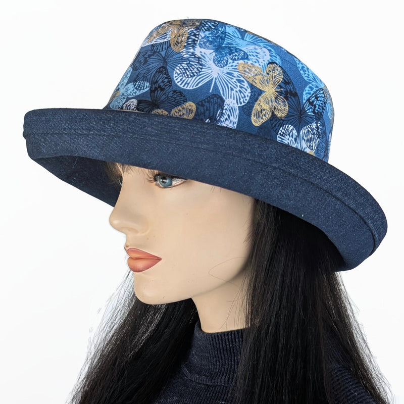 Sunblocker UV summer hat sun hat with wide brim, navy with gold butterflies, adjustable fit