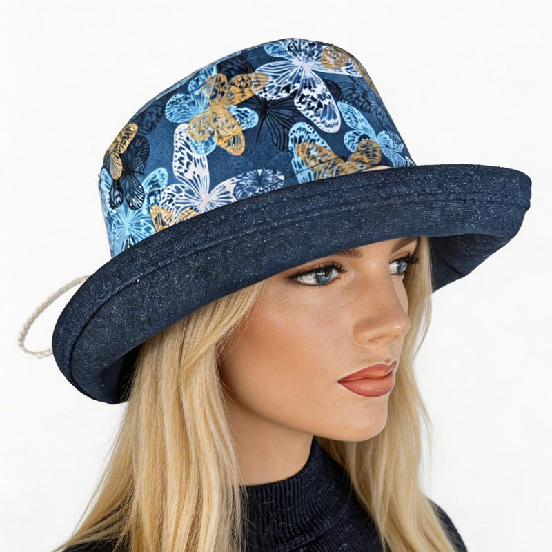 Sunblocker UV summer hat sun hat with wide brim, navy with gold butterflies, adjustable fit