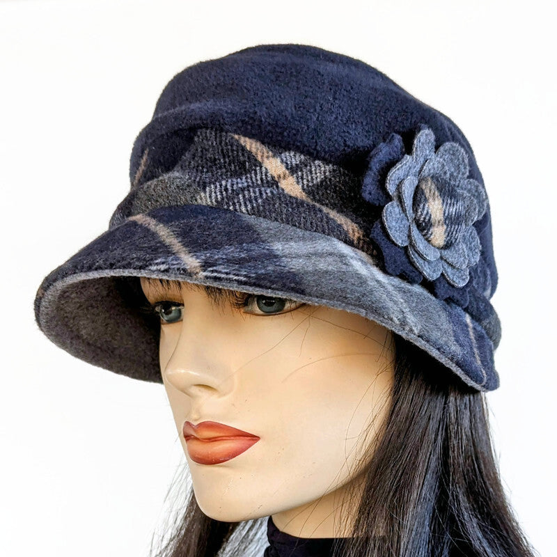 Rosie Cap with wrap around visor, removable floral pin, navy grey plaid