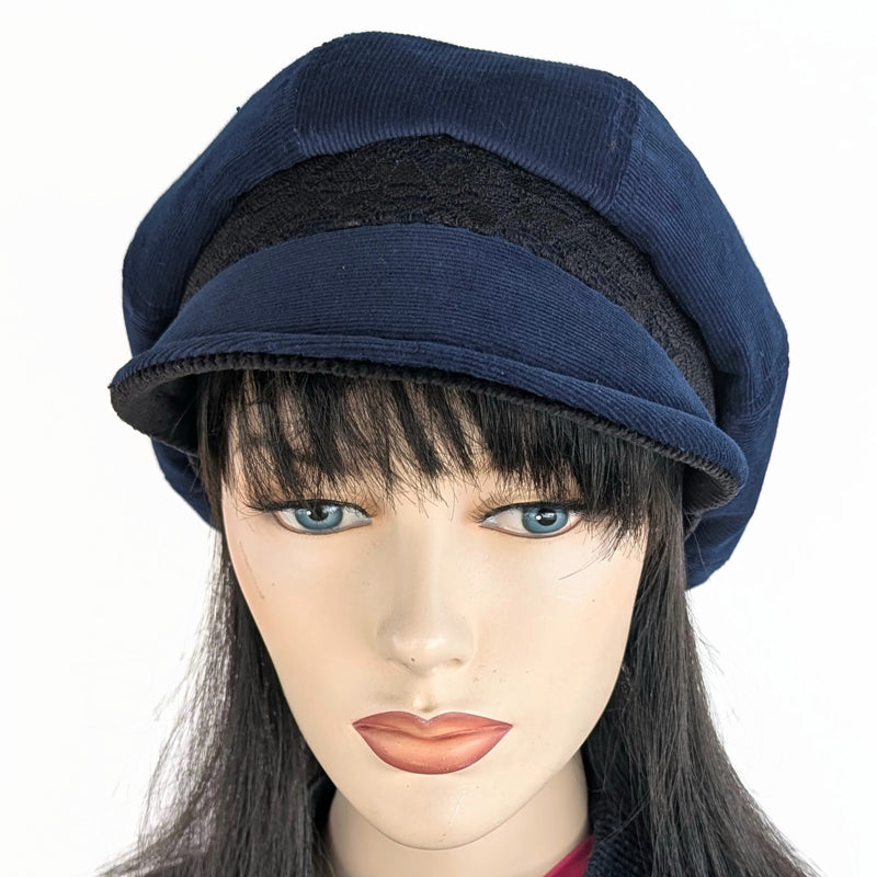 Newsboy Poorboy Fashion Cap, baggy fit, with black lace trim, assorted colors