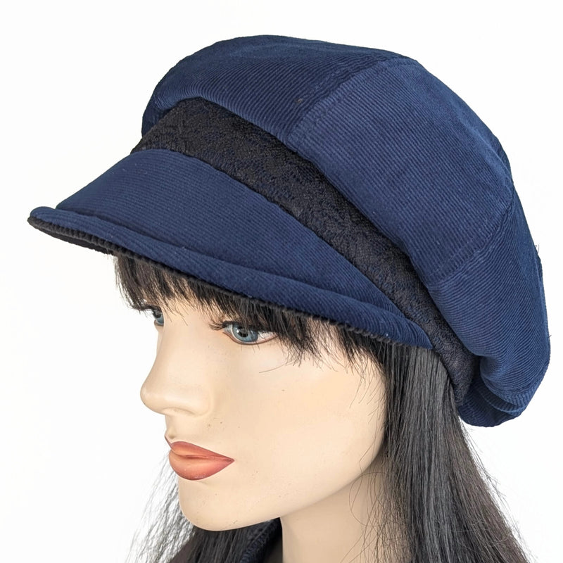 Newsboy Poorboy Fashion Cap, baggy fit, with black lace trim, assorted colors