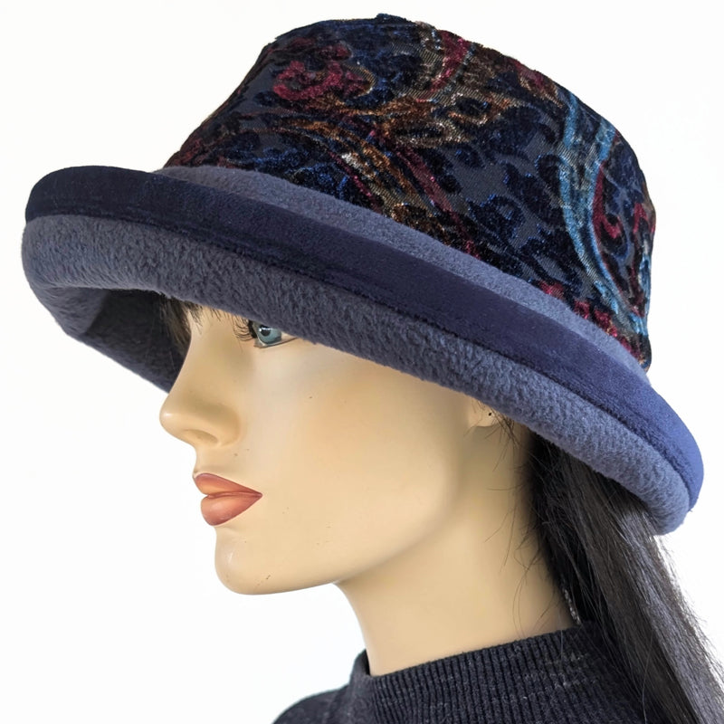 Premium Winter Fashion Hat in navy, with navy based paisley plush velvet band, navy velvet edge trim and wide brim