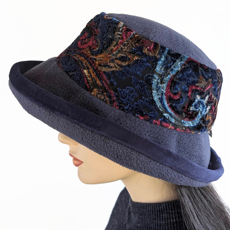 Premium Winter Fashion Hat in navy, with navy based paisley plush velvet band, navy velvet edge trim and wide brim