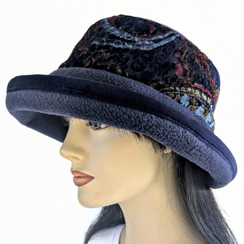 Premium Winter Fashion Hat with Earflaps, velvet trim, navy with abstract paisley plush band and wide brim