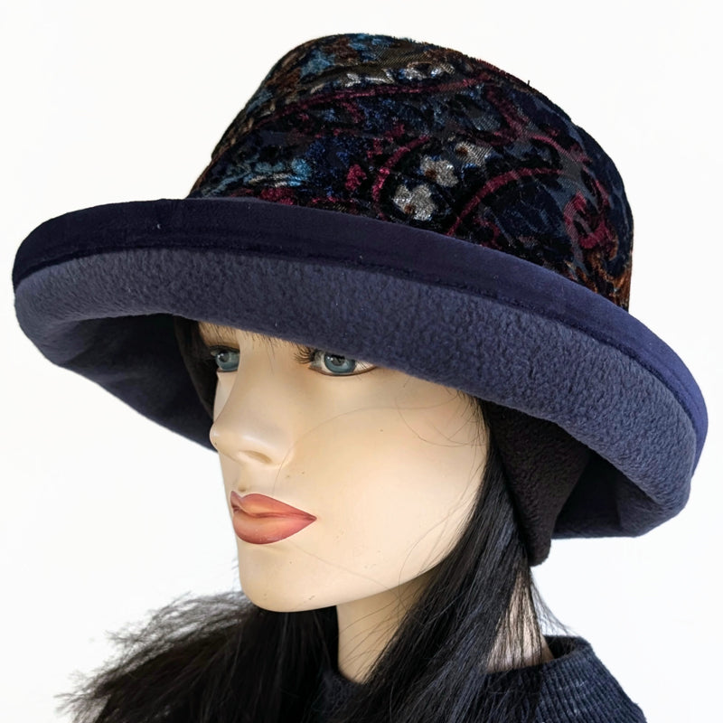 Premium Winter Fashion Hat in navy, with navy based paisley plush velvet band, navy velvet edge trim and wide brim