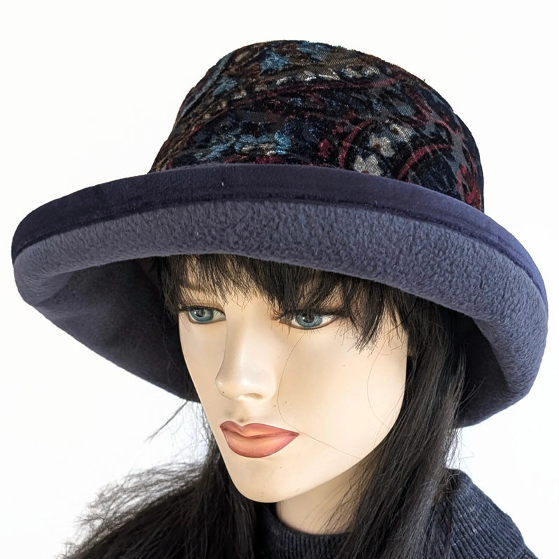 Premium Winter Fashion Hat in navy, with navy based paisley plush velvet band, navy velvet edge trim and wide brim