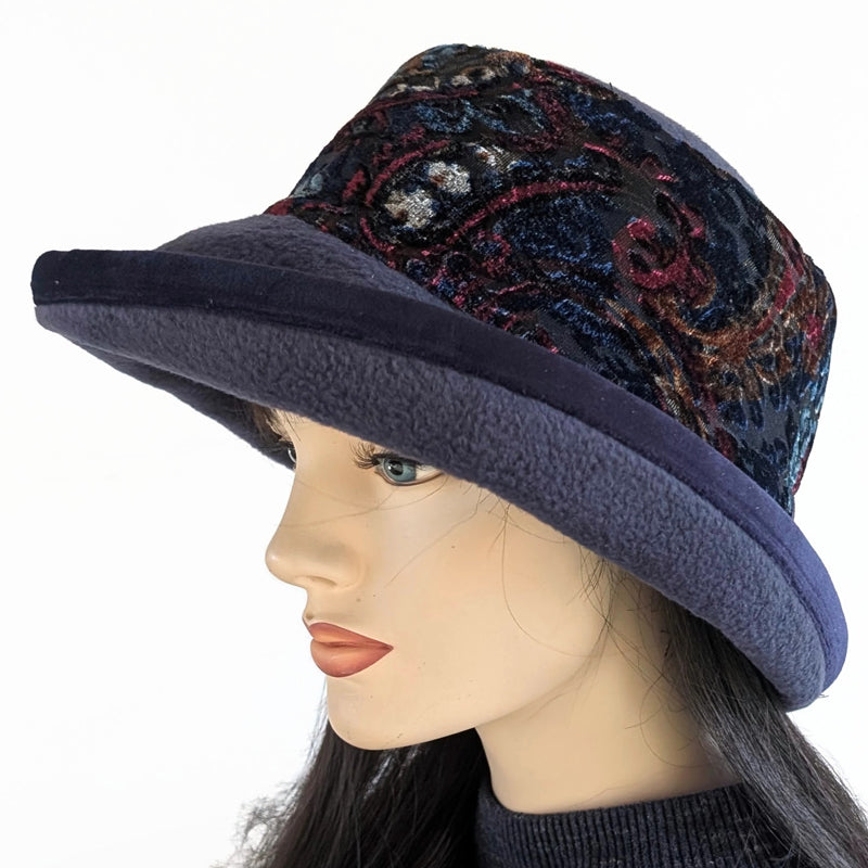 Premium Winter Fashion Hat in navy, with navy based paisley plush velvet band, navy velvet edge trim and wide brim