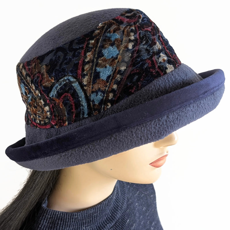 Premium Winter Fashion Hat in navy, with navy based paisley plush velvet band, navy velvet edge trim and wide brim