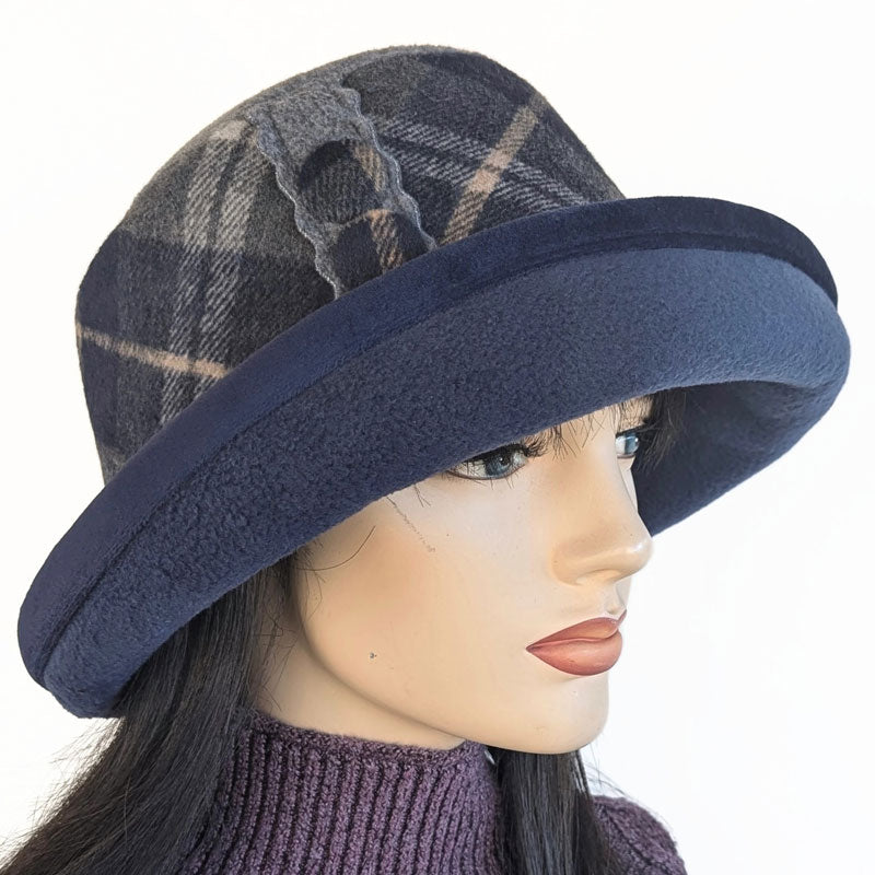 Premium Winter Fashion Hat with velvet trim, navy with charcoal plaid band trim