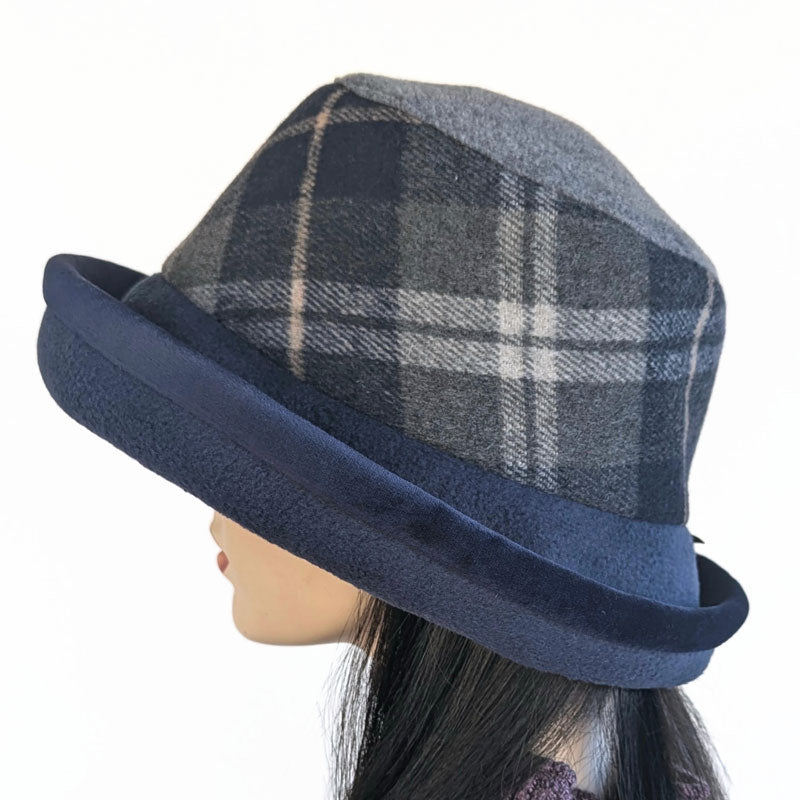 Premium Winter Fashion Hat with velvet trim, navy with charcoal plaid band trim