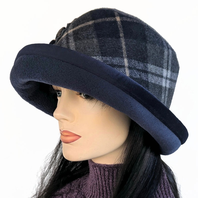 Premium Winter Fashion Hat with velvet trim, navy with charcoal plaid band trim