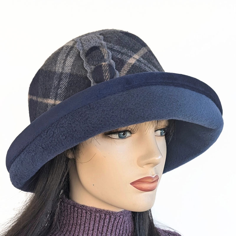 Premium Winter Fashion Hat with velvet trim, navy with charcoal plaid band trim