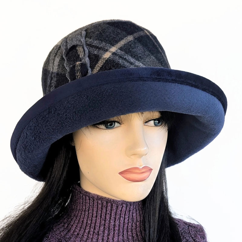 Premium Winter Fashion Hat with velvet trim, navy with charcoal plaid band trim